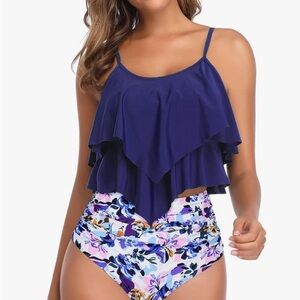 Floral Print and Navy Blue Women's Swimsuit Set